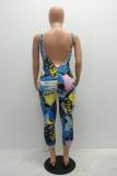 Multi-color Fashion Sexy Backless Print Geometric Floral Polyester Sleeveless Slip Jumpsuits