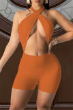 Red Sexy Solid Hollowed Out Backless Strap Design Halter Skinny Romper