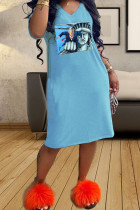Light Blue Polyester Casual Fashion Cap Sleeve Short Sleeves V Neck Straight Knee-Length Solid Print