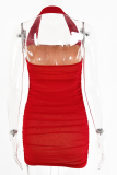 Red Sexy Patchwork Mesh Halter Pencil Skirt Dresses