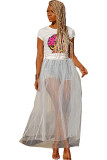 White Polyester Sleeveless High Patchwork Solid perspective Mesh Loose Pants Bottoms