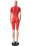 Red Sexy Solid Hollowed Out Zipper Collar Skinny Rompers