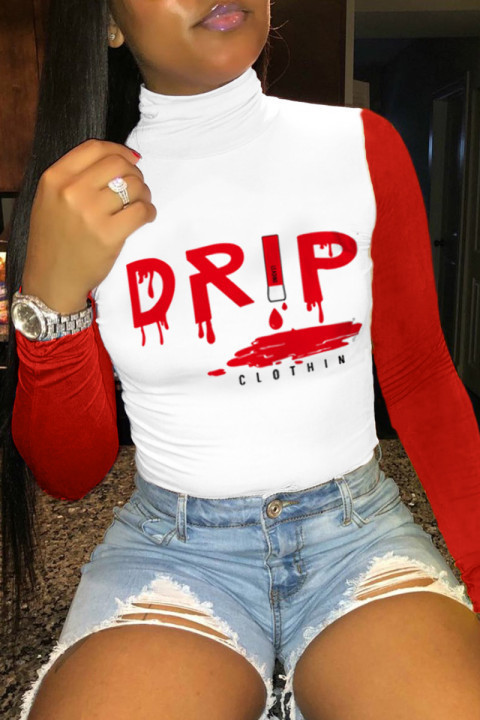 White Fashion Casual Letter Print Patchwork Letter Turtleneck Tops