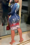 Blue Sexy Print Patchwork O Neck Pencil Skirt Dresses