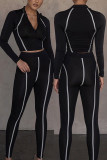 Black Casual Sportswear Solid Split Joint Turndown Collar Long Sleeve Two Pieces
