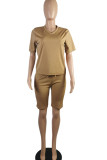 Apricot venetian Casual Two Piece Suits Solid pencil Short Sleeve Two-Piece Short Set