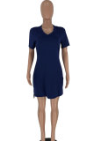Navy Blue Polyester Sexy Fashion Cap Sleeve Short Sleeves V Neck Step Skirt Mini Patchwork Solid Club Dresses
