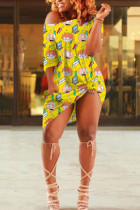 Yellow Cotton Fashion Sexy One Shoulder Half Sleeves one shoulder collar Step Skirt Knee-Length Print Dresses
