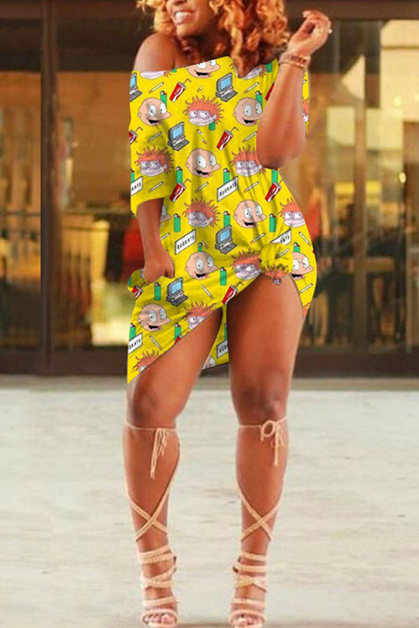 Yellow Fashion Sexy One Shoulder Half Sleeves one shoulder collar Step Skirt Knee-Length Print Dresses