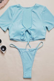 Sky Blue Sexy Solid Frenulum Swimwears