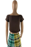 Coffee Fashion Sexy Solid Patchwork See-through Off the Shoulder T-Shirts