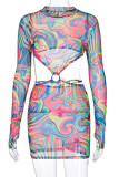 Colour Fashion Sexy Print Hollowed Out O Neck Long Sleeve Dresses
