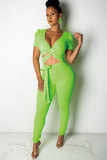 Green Polyester Fashion Sexy HOLLOWED OUT Patchwork Solid Straight Two-piece Pants Set