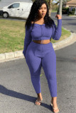 purple Polyester Sexy ruffle Two Piece Suits Solid pencil Long Sleeve Two-piece Pants Set