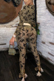Brown Casual Print See-through O Neck Long Sleeve Two Pieces