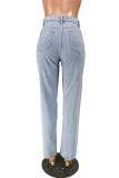 Baby Blue Casual Solid Ripped Regular Denim