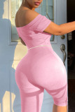 Pink Sexy Casual Solid Backless Off the Shoulder Skinny Romper (Without Waist Chain)