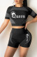 Black Fashion Casual Letter Print Basic O Neck Short Sleeve Two Pieces