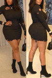 Black Fashion Sexy Solid Hollowed Out Turtleneck Long Sleeve Dress
