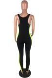 Black Fashion Casual Fluorescent Striped Solid Polyester Sleeveless Slip Jumpsuits