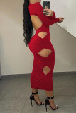 Red Fashion Street Elegant Solid Hollowed Out Patchwork Backless O Neck A Line Dresses