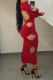 Red Fashion Street Elegant Solid Hollowed Out Patchwork Backless O Neck A Line Dresses