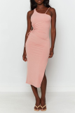 Pink Sexy Solid High Opening One Shoulder Pencil Skirt Dresses