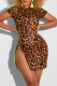 Leopard Print Fashion Sexy Print Leopard Slit O Neck Short Sleeve Dress