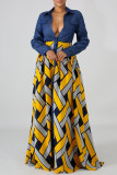 Red Fashion Casual Print Patchwork Turndown Collar Long Sleeve Dresses