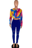 blue and yellow Fashion Casual Street Fiber Print Tie-dye Pants Hooded Collar Long Sleeve Regular Sleeve Short Two Pieces