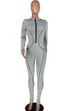 Grey Fashion Casual Adult Solid Patchwork O Neck Skinny Jumpsuits