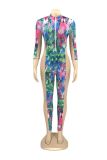 Rose Red Sexy Patchwork Tie-dye Zipper Collar Skinny Jumpsuits
