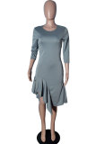 Grey Sexy Fashion Cap Sleeve 3/4 Length Sleeves O neck Step Skirt Knee-Length asymmetrical Casual Dresse