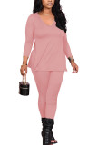 Pink Fashion Sexy Adult Polyester Solid Split Joint V Neck Long Sleeve Regular Sleeve Regular Two Pieces