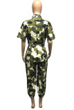 Camouflage Fashion Street Adult Camouflage Print Frenulum With Belt Turndown Collar Loose Jumpsuits