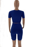 Blue Casual Solid Ripped Asymmetrical O Neck Short Sleeve Two Pieces