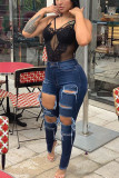 Dark Blue Denim Zipper Fly Mid Hole washing pencil Pants Bottoms