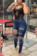 Dark Blue Denim Zipper Fly Mid Hole washing pencil Pants Bottoms