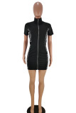 Black Casual Short Sleeves Mandarin Collar Step Skirt Mini Print Patchwork chain Dresses