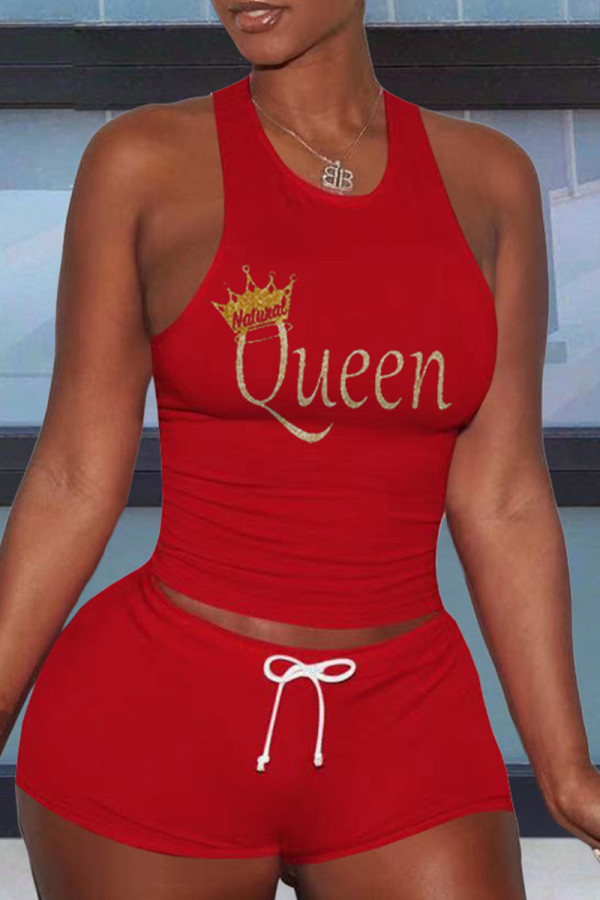 Red Fashion Casual Print Basic O Neck Sleeveless Two Pieces