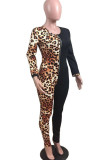 Grey Europe and America Street V Neck Leopard Stitching Plus Size