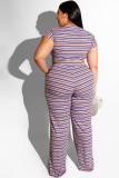 Stripe Spandex Polyester Sexy Fashion adult O Neck Print Two Piece Suits Striped Bandage
