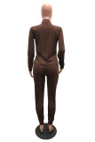 Coffee Casual Solid Zipper Collar Long Sleeve Two Pieces