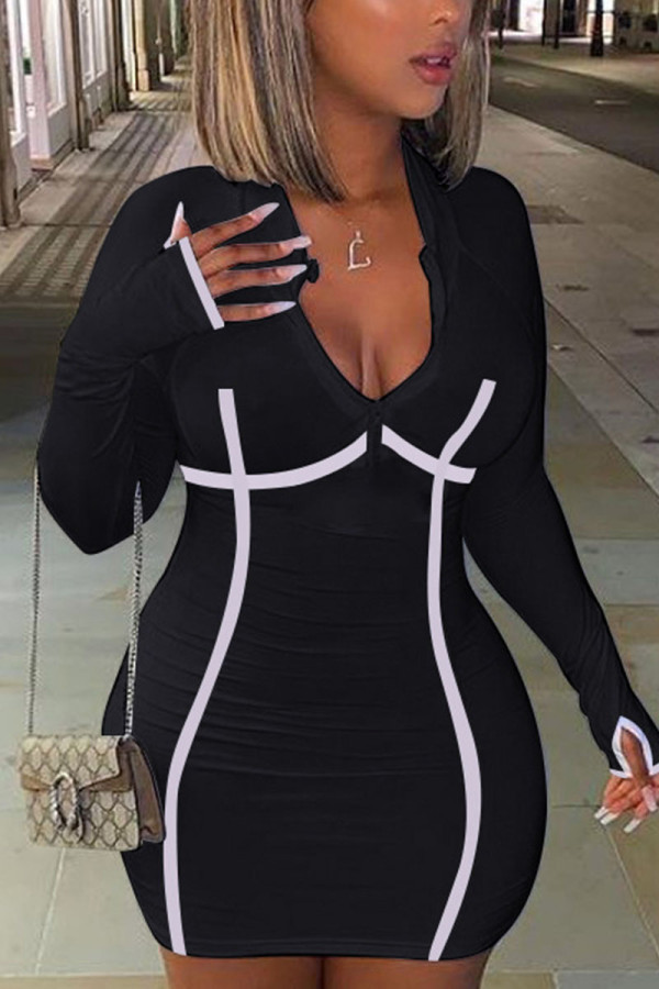 Black Sexy Striped Print Patchwork V Neck Pencil Skirt Dresses