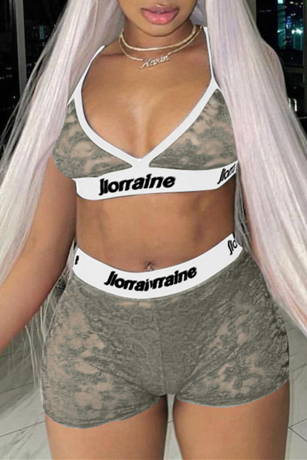 Grey Fashion Sexy Patchwork Hollowed Out See-through Backless Spaghetti Strap Sleeveless Two Pieces