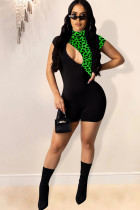 Green Sexy Leopard grain Patchwork Chemical fiber blend Short Sleeve O Neck Rompers