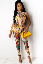 White Polyester Fashion Ma'am adult Sexy Two Piece Suits Print Patchwork pencil Sleeveless Two-piece Pant