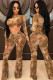 Brown Sexy Fashion adult crop top Two Piece Suits Print Loose Long Sleeve Two-piece Pants Set