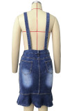 Dark Blue Sweet Solid Spaghetti Strap Pencil Skirt Dresses