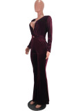 Purplish Red Sexy Solid Split Joint Knotted V Neck Regular Jumpsuits